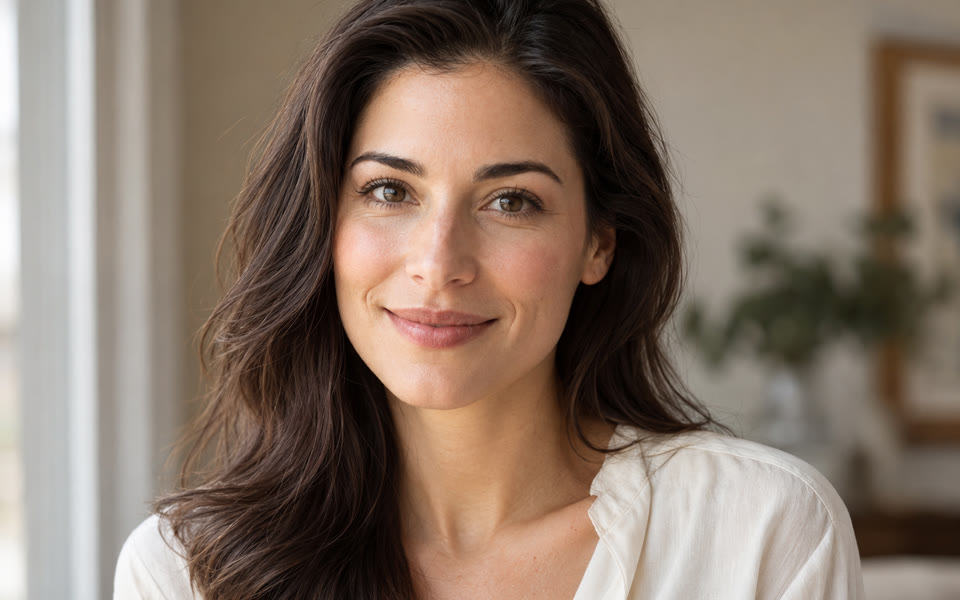 a woman smiling at home, bare-faced